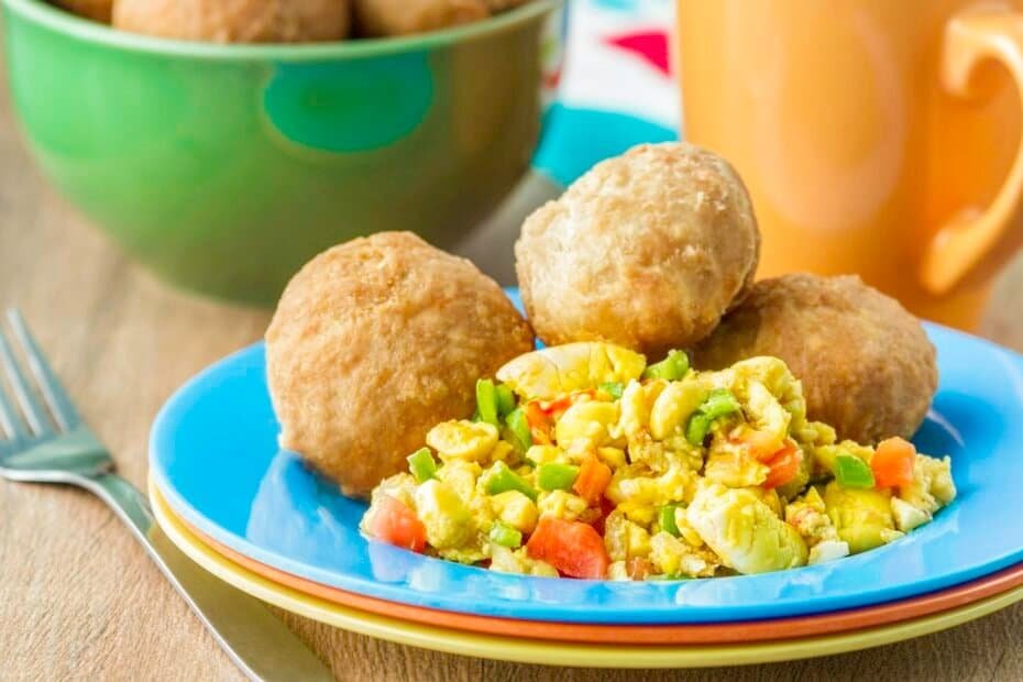 Ackee and saltfish with fried dumplings