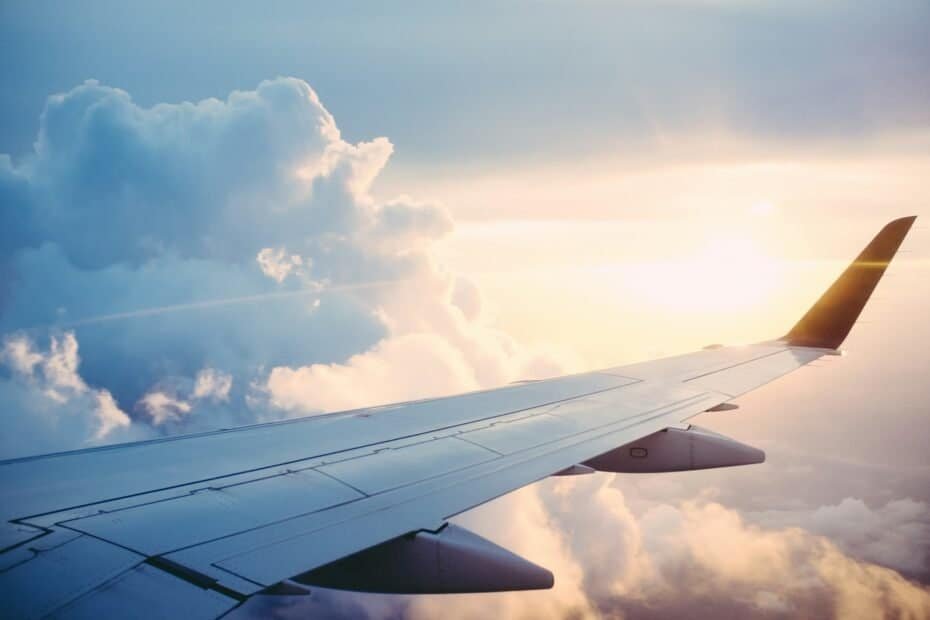 View from an aeroplane window at sunset
